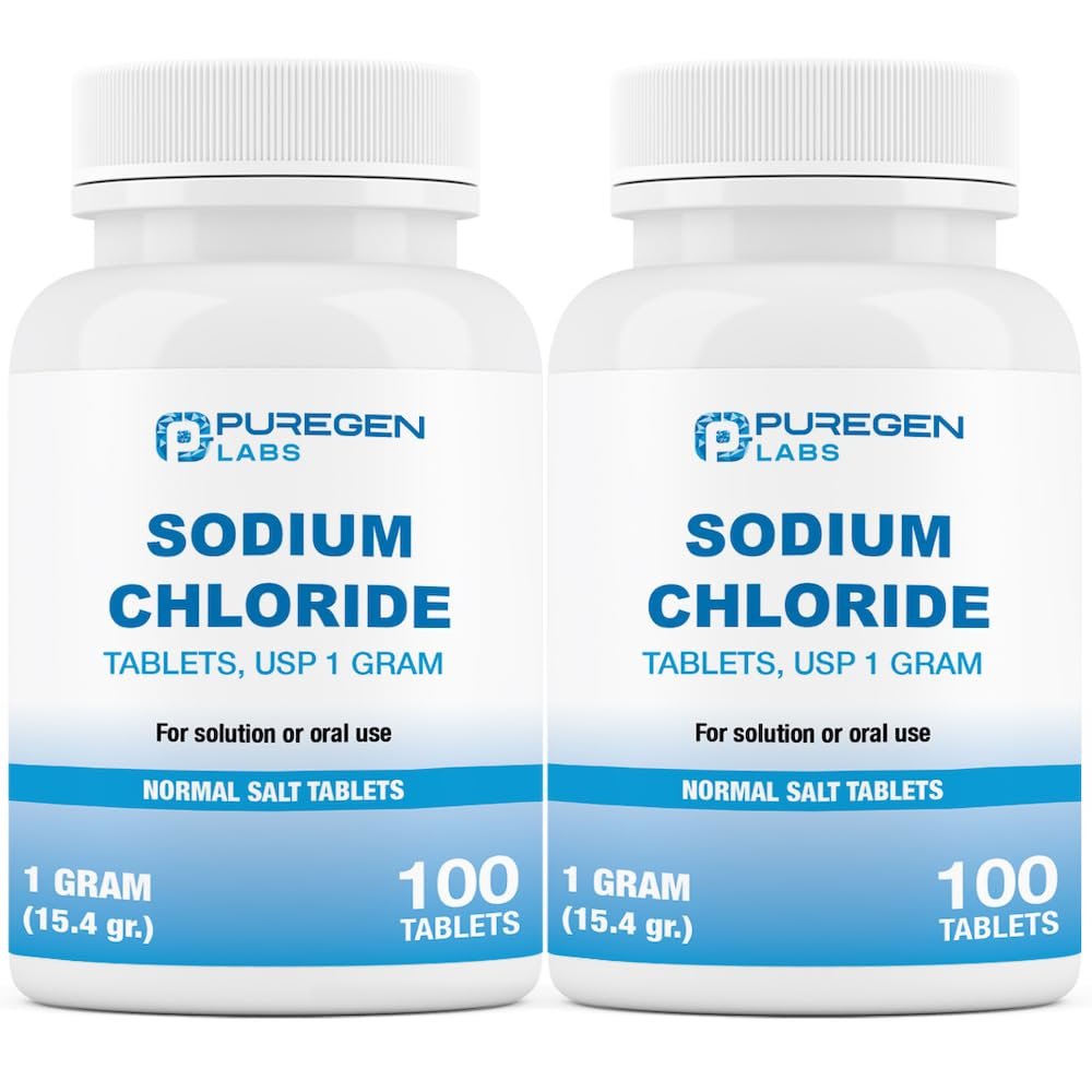 Puregen Labs Sodium Chloride Tablets 1 gm (1000 mg), USP | (15.4gr.) | Normal Salt Tablets | Electrolytes Replenisher Hydration Drink | 2 Pack - 200 Tablets Total