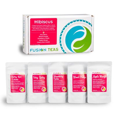 Hibiscus Sampler Set, A Tangy and Tart Variety of Hibiscus Loose-Leaf Infusions, 5 Sample Pouches of Juicy Fruit Flavors combined with the Cranberry-like Flavor of Hibiscus, Each sample makes 8-10 Cups of Tea, Very Berry, Blood Orange, Strawberry Fie