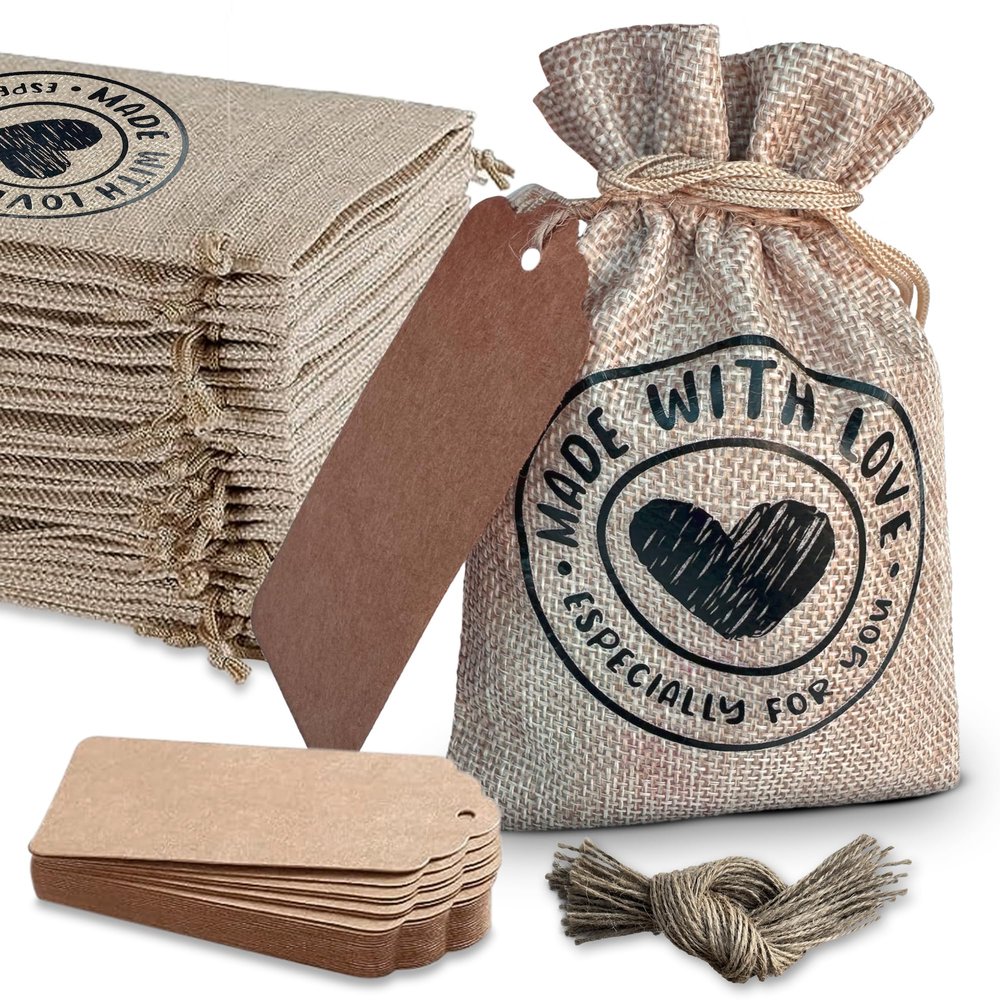 50PCS Premium Burlap Gift Bag and Gift Tag, (4 x 6 inch) Drawstring Line, with Phrase Made with Love, Small Gifts Bags for Wedding Favors Party, Jewelry Pouches , Natural Packaging , DIY Craft Bags, Burlap Yute Bags