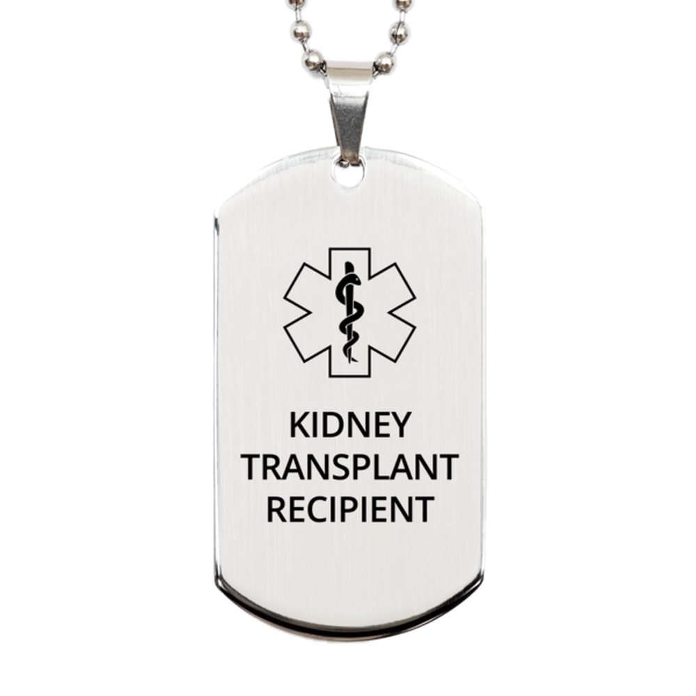 CHERLINKS Medical Alert Silver Dog Tag, Kidney Transplant Recipient Awareness, SOS Emergency Health Life Alert ID Engraved Stainless Steel Chain Necklace for Men Women