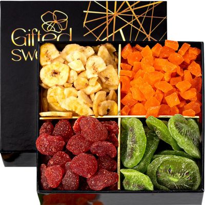 Valentines Day Dried Fruit Gift Basket - 4 Variety Assortment - Gourmet Dried Fruit, Snack Box, In An Elegant Gift Box, Gift Set for Birthday, Sympathy, Healthy Gift Snack Box for Men and Women
