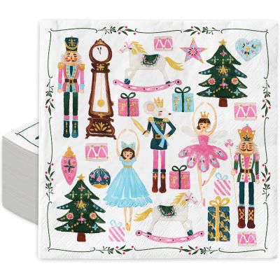 80 Pack Christmas Paper Napkins Pink Nutcracker Disposable Napkins Watercolor Luncheon Dinner Napkins for Xmas Birthday Party Supplies Table Decor, 6.5 x 6.5 Inch