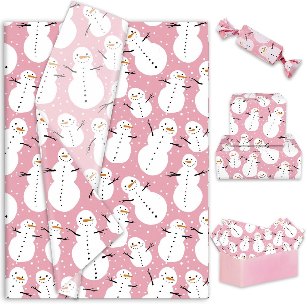 100 Sheet Christmas Tissue Paper Pink Snowman Gift Wrapping Paper Winter Xmas Decorative DIY Art Craft Paper for Home Party Gift Bouquet Decor, 13.7 x 19.6 Inch