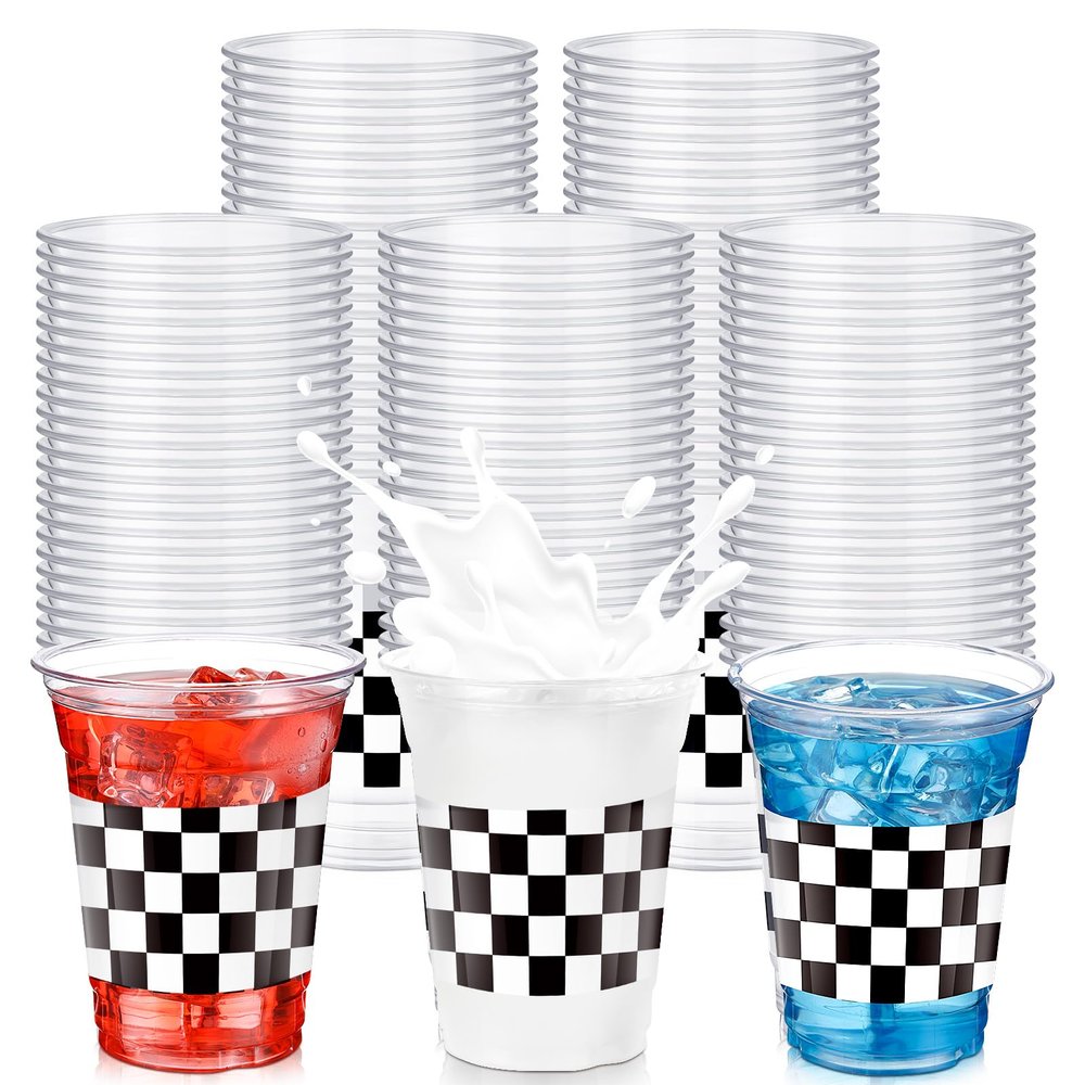SiliFine 50 Pcs Checkered Racing Party Plastic Cups 12 oz Checkered Flag Disposable Clear Cup Buffalo Gingham Plaid Cups for Race Car Sports Themed Birthday Party Favors Supplies Decorations