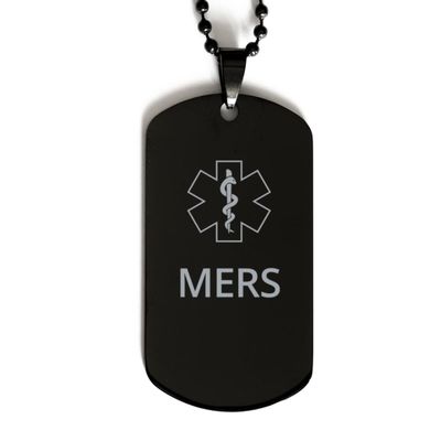 CHERLINKS Medical Alert Black Dog Tag, MERS Awareness, SOS Emergency Health Life Alert ID Engraved Stainless Steel Chain Necklace For Men Women Kids