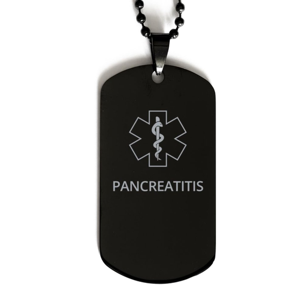CHERLINKS Medical Alert Black Dog Tag, Pancreatitis Awareness, SOS Emergency Health Life Alert ID Engraved Stainless Steel Chain Necklace For Men Women Kids