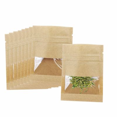 100 PackClear Window Airtight Brown Kraft Paper for Zip Food Storage Lock Small Mini Papar Bags Seed Saving Reclosable Seal Zipper Pouch Coffee Packaging Sample Bags for Small Business 2.75x3.5"