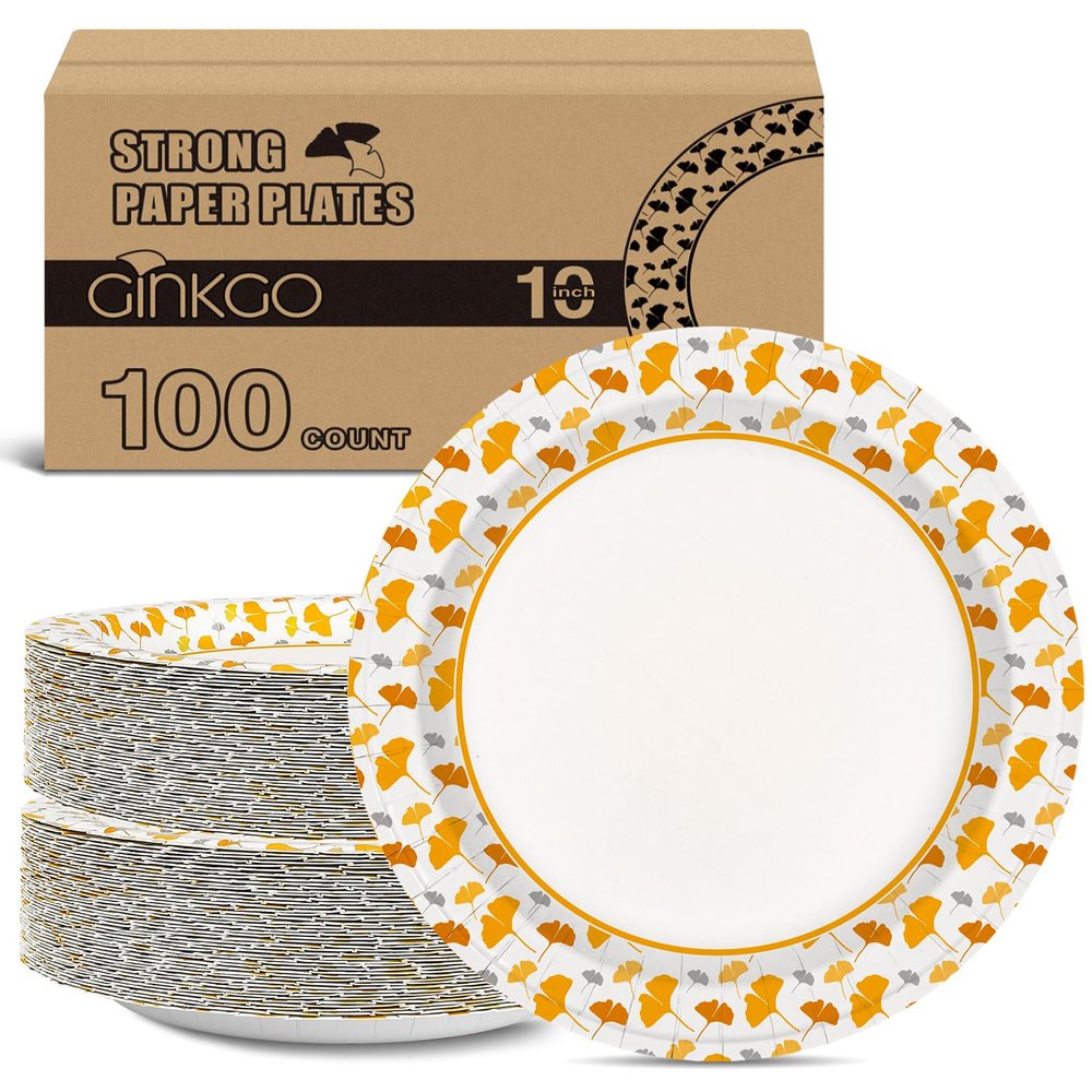 Ginkgo Paper Plates 10 Inch Bulk 100 Count, Heavy Duty Disposable Thanksgiving Plates and Fall Friends Party Paper Plates and Daily Use