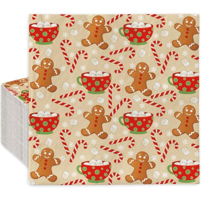 100 Pack Christmas Paper Napkins Gingerbread Man Candy Cane Snowflake Disposable Luncheon Dinner Napkins Xmas Winter Decorative Napkin for Home Kitchen Party, 6.5 x 6.5 Inch
