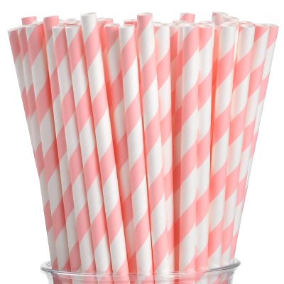 ALINK 100 Pink and White Striped Paper Straws, Biodegradable Disposable Drinking Straws for Christmas, Brithday, New Year, Party Decoration Supplies