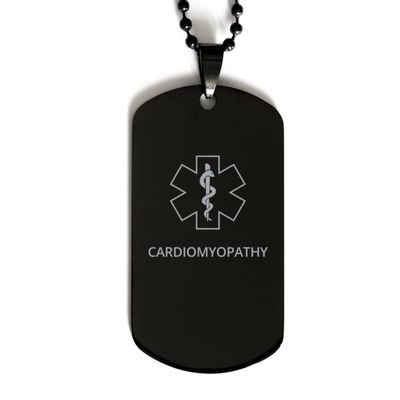 CHERLINKS Medical Alert Black Dog Tag, Cardiomyopathy Awareness, SOS Emergency Health Life Alert ID Engraved Stainless Steel Chain Necklace For Men Women Kids