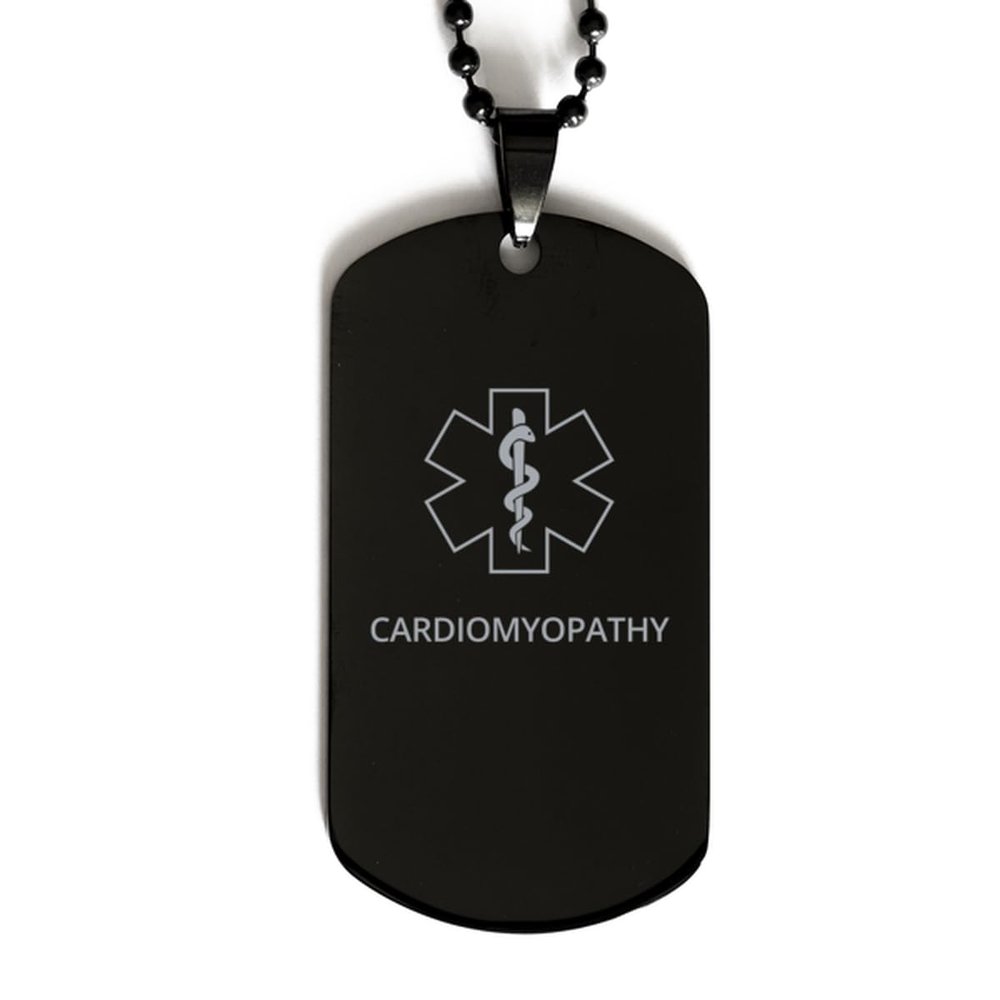 CHERLINKS Medical Alert Black Dog Tag, Cardiomyopathy Awareness, SOS Emergency Health Life Alert ID Engraved Stainless Steel Chain Necklace For Men Women Kids