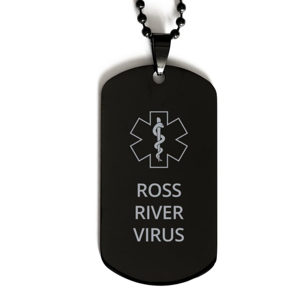 CHERLINKS Medical Alert Black Dog Tag, Ross River Virus Awareness, SOS Emergency Health Life Alert ID Engraved Stainless Steel Chain Necklace For Men Women Kids