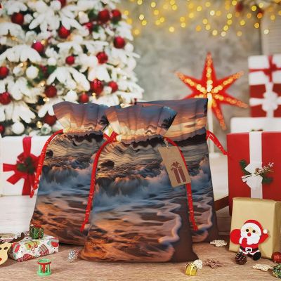 LZQPOEAS Beach Maui Hawaii Sunset Sea Waves Clouds Christmas Gift Bags with Drawstring Christmas Bags Gift Wrapping Bags for Xmas Holiday Party Candy Bag for Christmas Favor Bags for Xmas Presents