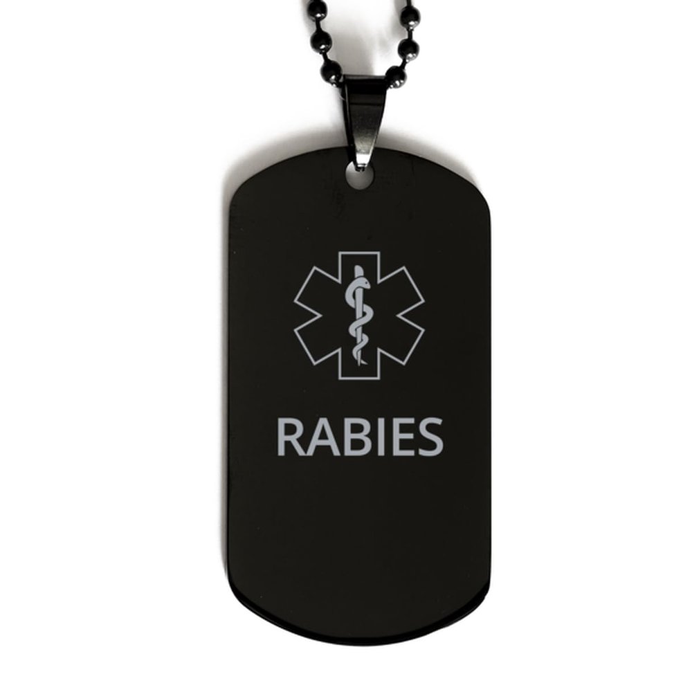 CHERLINKS Medical Alert Black Dog Tag, Rabies Awareness, SOS Emergency Health Life Alert ID Engraved Stainless Steel Chain Necklace For Men Women Kids