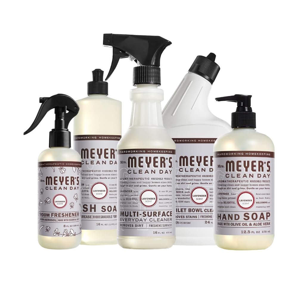 Mrs. MEYER'S CLEAN DAY Variety, 1 Room Freshener, 8 OZ, 1 Liquid Hand Soap, 12.5 OZ, 1 Liquid Dish Soap, 16 FL OZ, 1 Multi-Surface Cleaner, 16 OZ, 1 Toilet Bowl Cleaner, 24 OZ, 1 CT (Lavender)