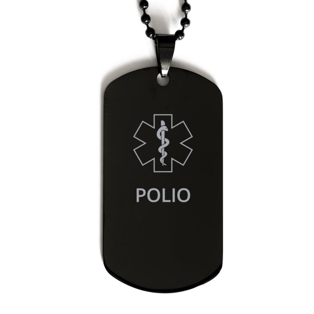 CHERLINKS Medical Alert Black Dog Tag, Polio Awareness, SOS Emergency Health Life Alert ID Engraved Stainless Steel Chain Necklace For Men Women Kids