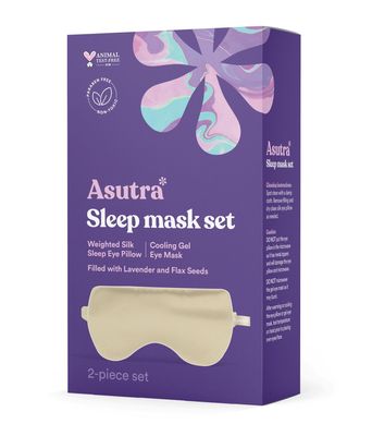 ASUTRA Silk Eye Pillow for Sleep, Champagne - Filled w/Lavender Buds & Flax Seeds, Weighted Eye Mask, Meditation & Light Blocking Blindfold, Cooling Gel Mask Included
