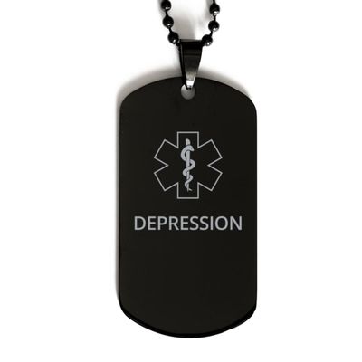 CHERLINKS Medical Alert Black Dog Tag, Depression Awareness, SOS Emergency Health Life Alert ID Engraved Stainless Steel Chain Necklace For Men Women Kids