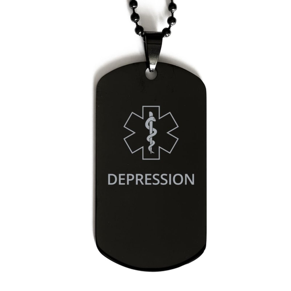 CHERLINKS Medical Alert Black Dog Tag, Depression Awareness, SOS Emergency Health Life Alert ID Engraved Stainless Steel Chain Necklace For Men Women Kids