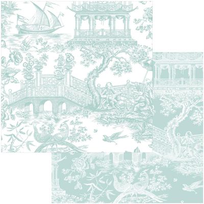 Caspari Chinoiserie Toile Reversible Gift Wrapping Paper in Robin's Egg - 30" x 8' Roll, 2 Rolls