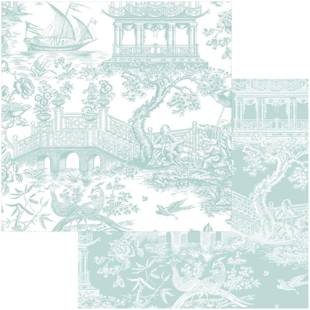 Caspari Chinoiserie Toile Reversible Gift Wrapping Paper in Robin's Egg - 30" x 8' Roll, 2 Rolls