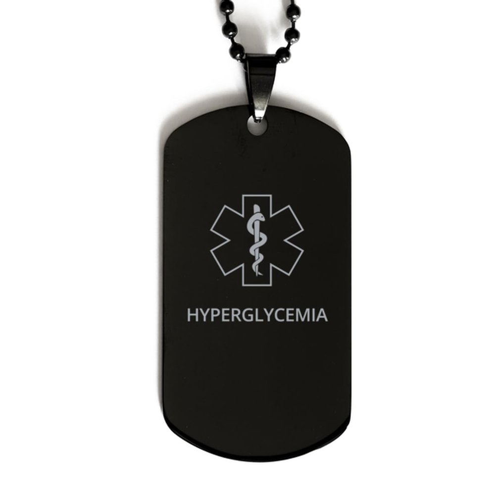 CHERLINKS Medical Alert Black Dog Tag, Hyperglycemia Awareness, SOS Emergency Health Life Alert ID Engraved Stainless Steel Chain Necklace For Men Women Kids