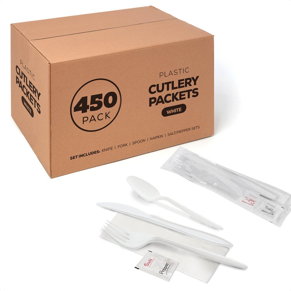 450 White Plastic Cutlery Packets - Knife Fork Spoon Napkin Salt Pepper Sets, Individually Wrapped Disposable Silverware