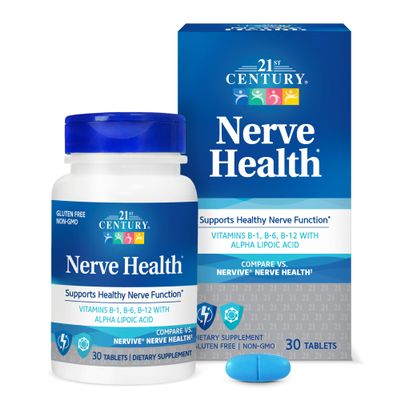 21st Century Nerve Health Tablets (30 Count), Alpha Lipoic Acid 300mg, B1, B6, & B12 Vitamins for Nerve Function Support, Antioxidant ALA Supplement, Gluten Free. Non-GMO, & Vegan