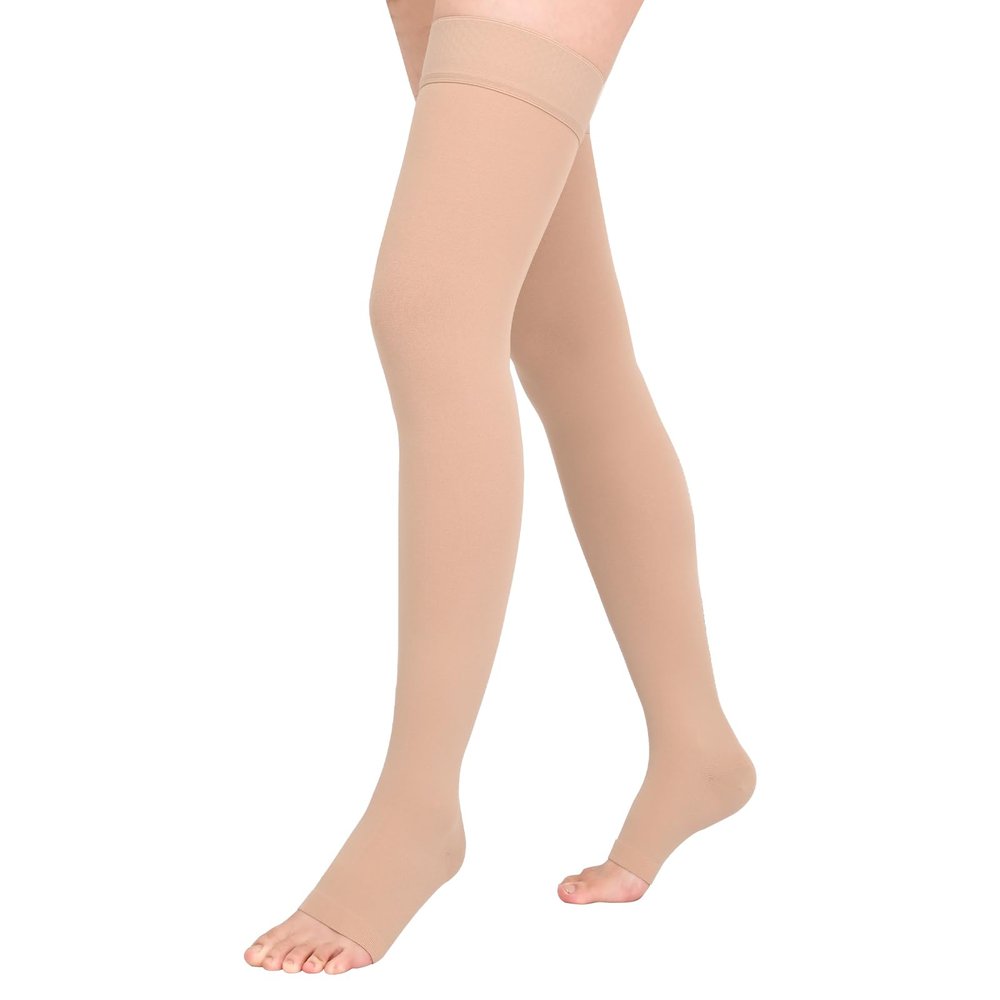 Athbavib 20-30mmHg Compression Stockings for Women and Men, Thigh High Open Toe Medical Graduated Compression Socks, Best Support for Treatment Varicose Veins Swelling (Beige,3X-Large)