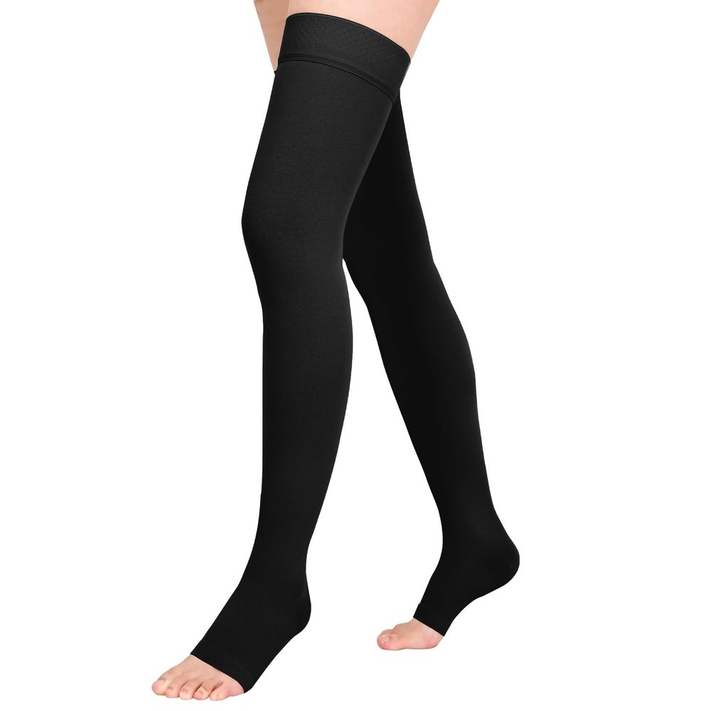 Athbavib 20-30mmHg Compression Stockings for Women and Men, Thigh High Open Toe Medical Graduated Compression Socks, Best Support for Treatment Varicose Veins Swelling (Black,XX-Large)