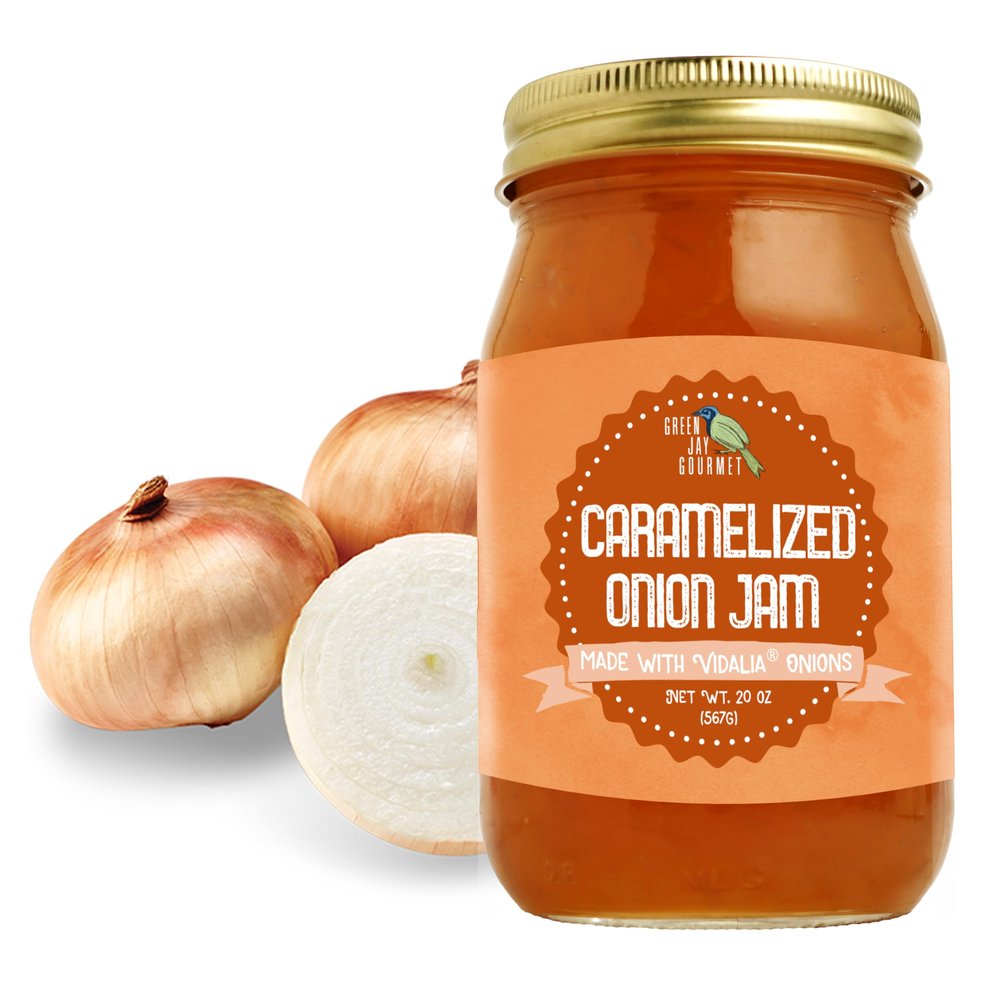 Green Jay Gourmet Caramelized Onion Jam - Large 20 oz Jar - Handcrafted w/Sweet Vidalia Onions - Perfect for Grilling, Cheeseboards, BBQs, & Sandwiches - USA Made - Gluten-Free, No MSG & Small-Batch
