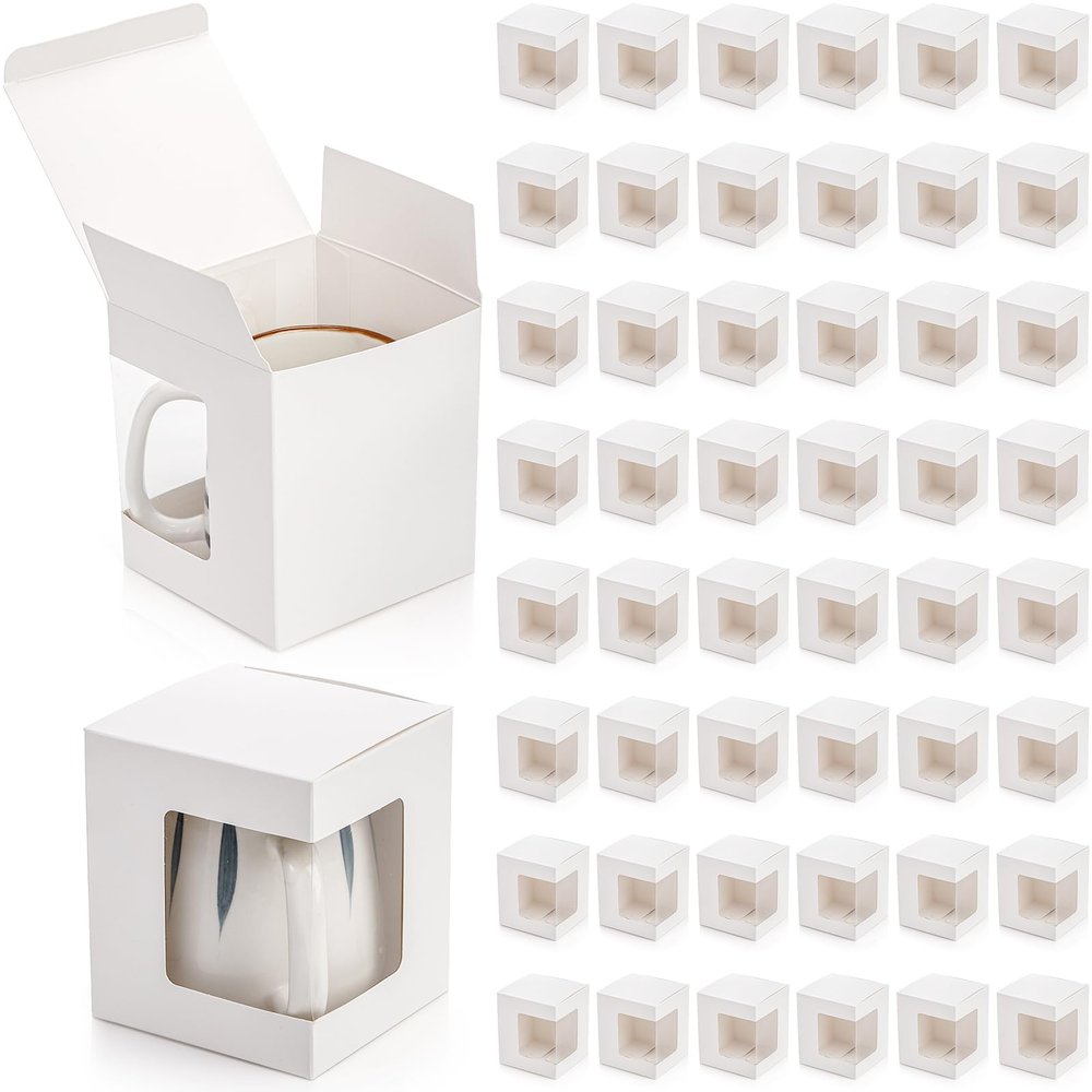 AVLA 50 Pack Gift Boxes for Sublimation Mugs, 4.3x4.3x5'' Small White Packaging, 12OZ 15OZ Transparent Cups Wrapping With Clear View Window, Cupcake Christmas Ornament Box for Wedding