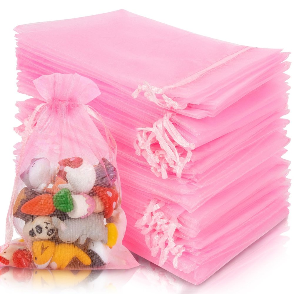 100PCS Pink Organza Bags 4"x6" - Sukh Small Organza Sachet Jewelry Gift Favor Bags Drawstring Mesh Bags Gifts Valentines Wedding Eid Mubarak Halloween Eve Christmas New Year Party Candy Fruit Wrap