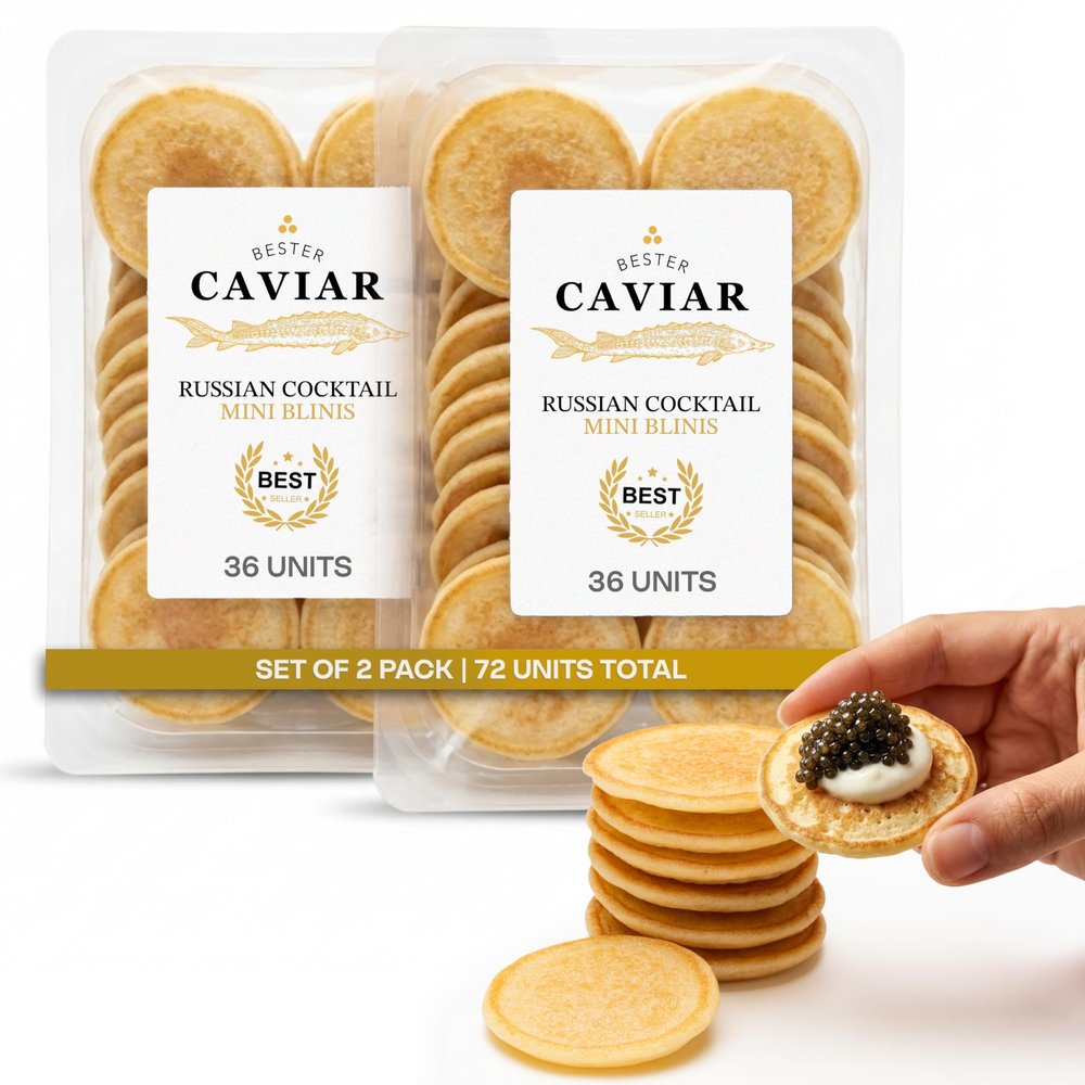 Bester Caviar Russian Cocktail Mini Blinis 2 Packs (36pcs) Extra Thin Blinis for Caviar, Perfect for Hors d'Oeuvres, Appetizers & Snacks 72.0 Ounce, Ready to Serve, Ideal for Parties