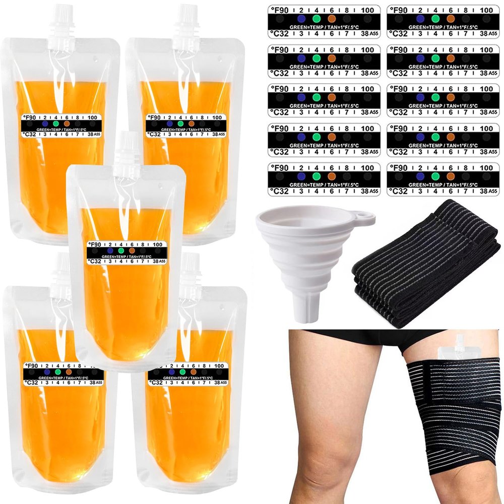 17 Pcs Urine Test Complete Kit Includes 5 Transparent Bags,10 Adhesive Temperature Test Strips,Filling Funnel47" Adjustable Hidden Leg Straps,Portable Travel Urine Test Bag
