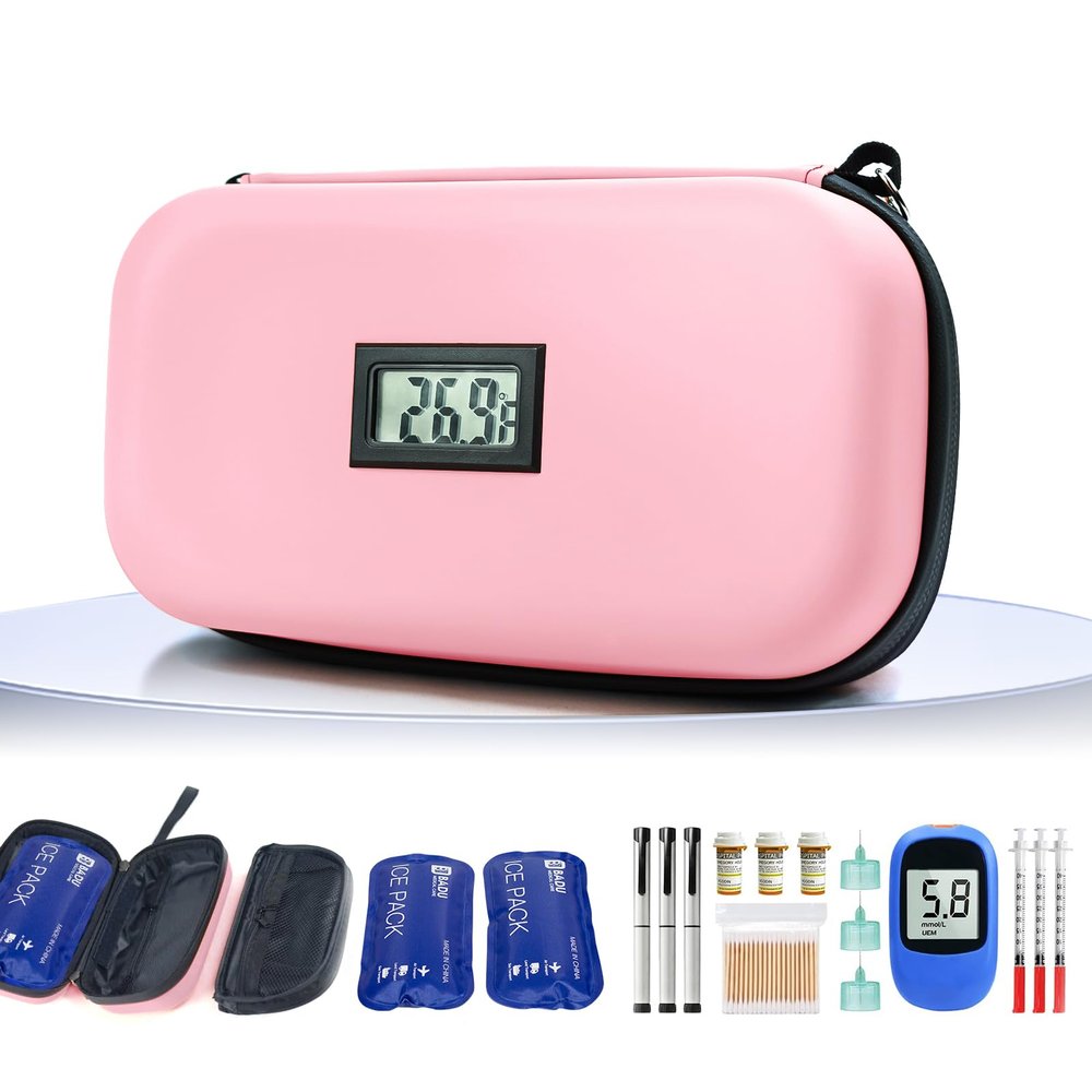 Gosemai TSA Approved Insulin Cooler Travel Case Medication Cooler for Travel with Thermometer Temperature Display Diabetic Medication Organizer Medical Travel Cooler Bag with 2 Ice Pack