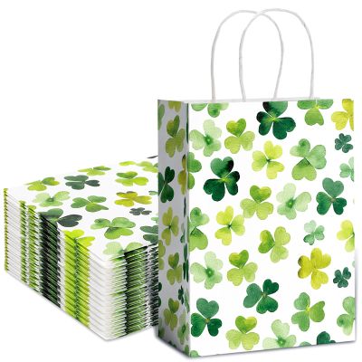 12Pcs St. Patrick's Day Paper Gift Bags with Handle Shamrock Clover Paper Bag Green Party Favor Bags for Birthday Wedding Party Supplies, 5.9 x 8.3 x 3.2 Inch