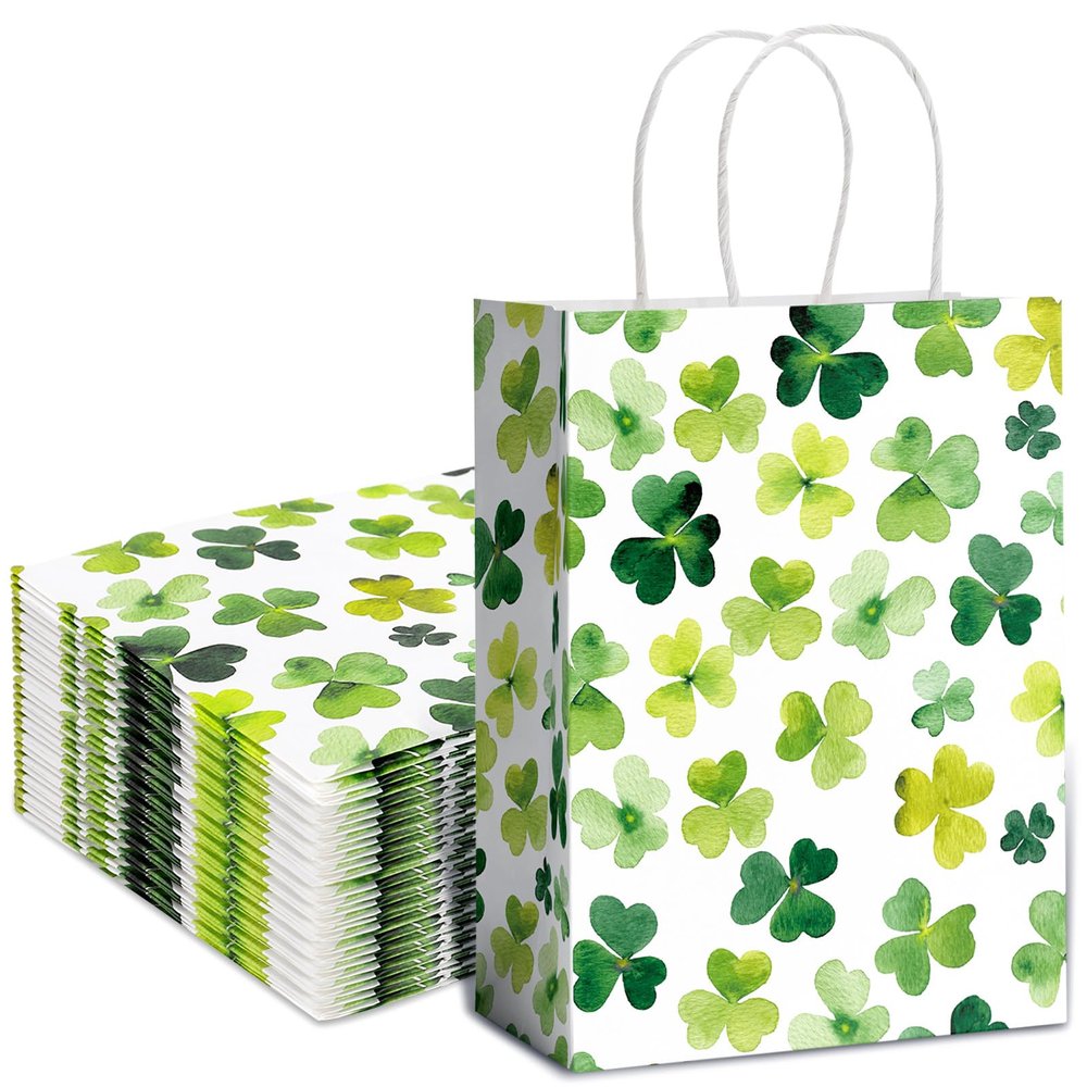 12Pcs St. Patrick's Day Paper Gift Bags with Handle Shamrock Clover Paper Bag Green Party Favor Bags for Birthday Wedding Party Supplies, 5.9 x 8.3 x 3.2 Inch