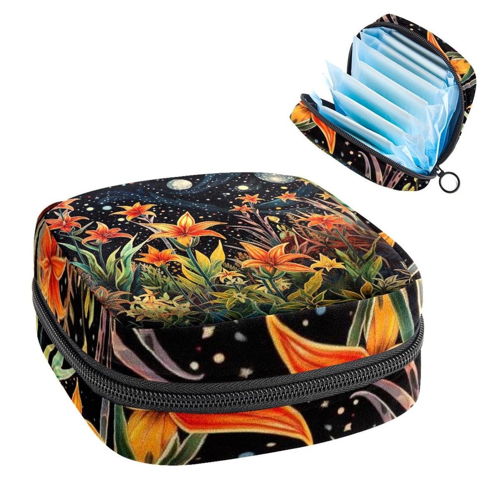 RODAILYCAY Sanitary Napkin Storage Bag, Zipper Period Pouch for Teen Girls Women, Portable Menstrual Tampons Collect Bags Starry Sky and Plants