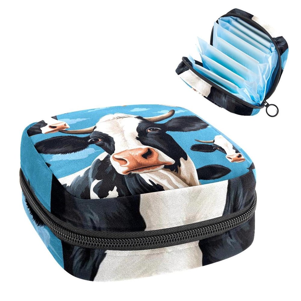 RODAILYCAY Sanitary Napkin Storage Bag, Zipper Period Pouch for Teen Girls Women, Portable Menstrual Tampons Collect Bags Cow Pattern