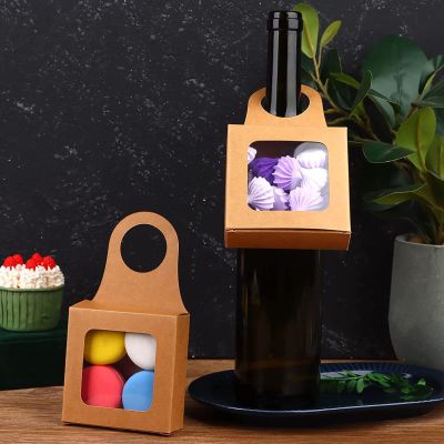 25pcs Kraft Paper Wine Bottle Box with Window Valentine Boxes for Treats Wine Box, Hanging Foldable Gift Boxes Empty Wine Bottles for Decoration Bottle Hanger Favor Box
