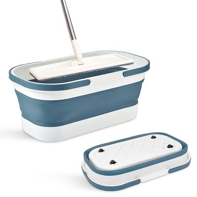 Collapsible Mop Bucket with Handle - 12L/3.17 Gallon Small Foldable Bucket with Wheels for House Cleaning/Car Washing/Camping Portable Rectangular Handy Basket Plastic Bucket for Cleaning Mop (Blue)