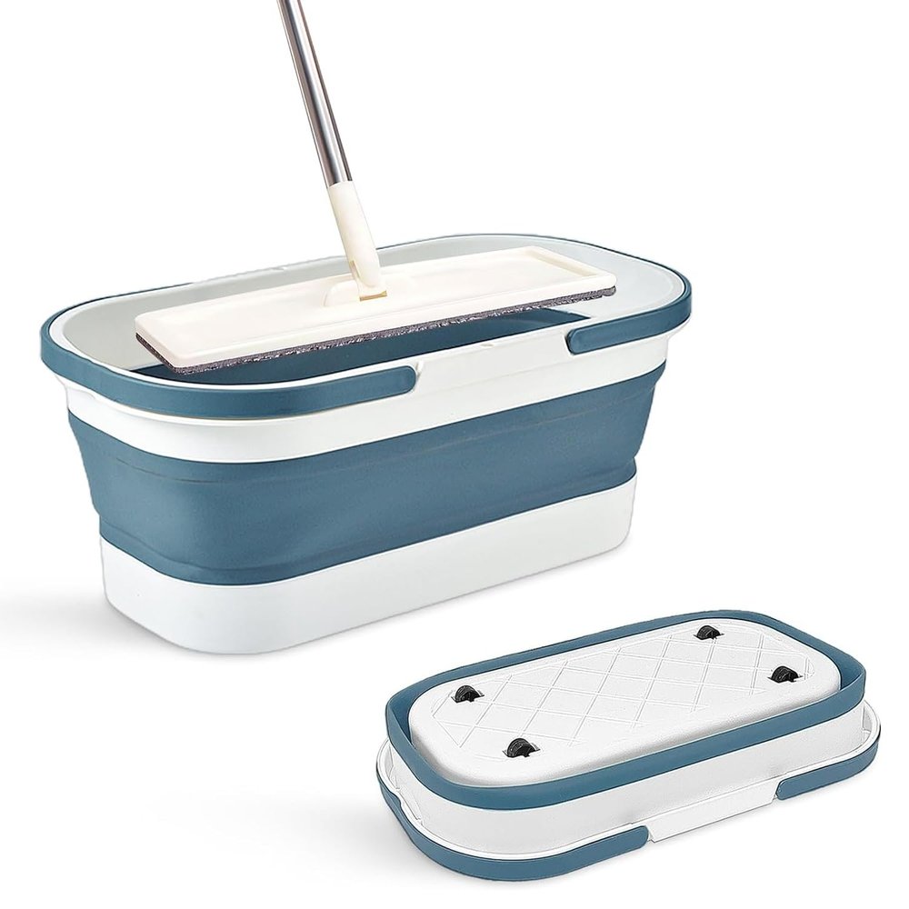 Collapsible Mop Bucket with Handle - 12L/3.17 Gallon Small Foldable Bucket with Wheels for House Cleaning/Car Washing/Camping Portable Rectangular Handy Basket Plastic Bucket for Cleaning Mop (Blue)