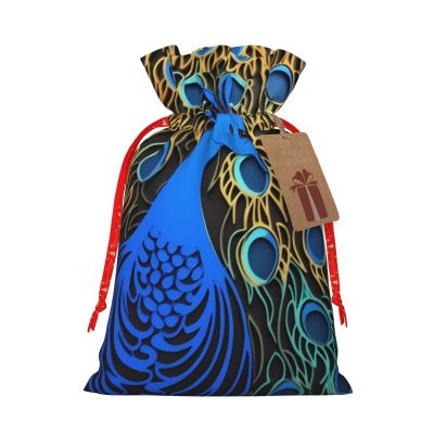Dwrepo peacock Christmas Gift Bags Burlap Gift Wrap Bags Reusable Drawstring Gift Bags with Tags Xmas Holiday Party Favors Bags