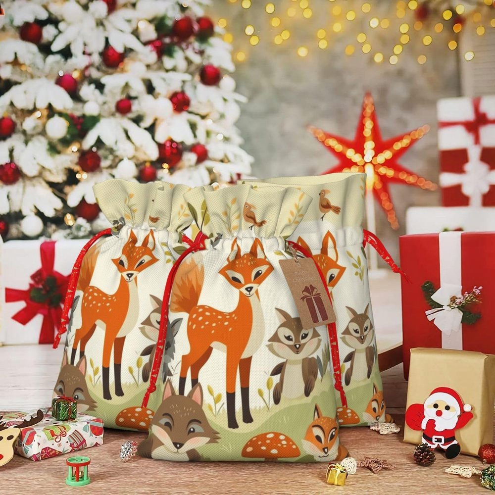 RLDOBOFE Woodland Animal print Christmas Gift Bag Christmas Drawstring Bag Reusable Gift Wrapping Goody Gift Bags with Gift Tag Present Storage Bag for Christmas Thanksgiving Wedding Party