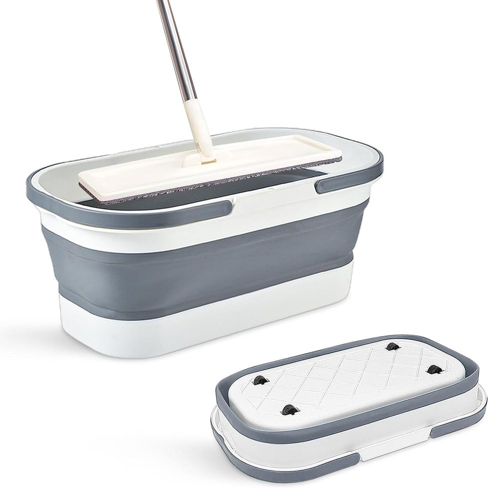 Collapsible Mop Bucket with Handle - 12L/3.17 Gallon Small Foldable Bucket with Wheels for House Cleaning/Car Washing/Camping Portable Rectangular Handy Basket Plastic Bucket for Cleaning Mop (Grey)