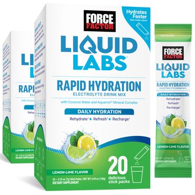 Force Factor Liquid Labs Electrolytes Powder PacketsLemon LimeHydration Packets to Make Electrolyte Water with 5 Essential Electrolytes, Vitamins, Minerals, and Antioxidants, 40 Stick Packs, 2-Pack