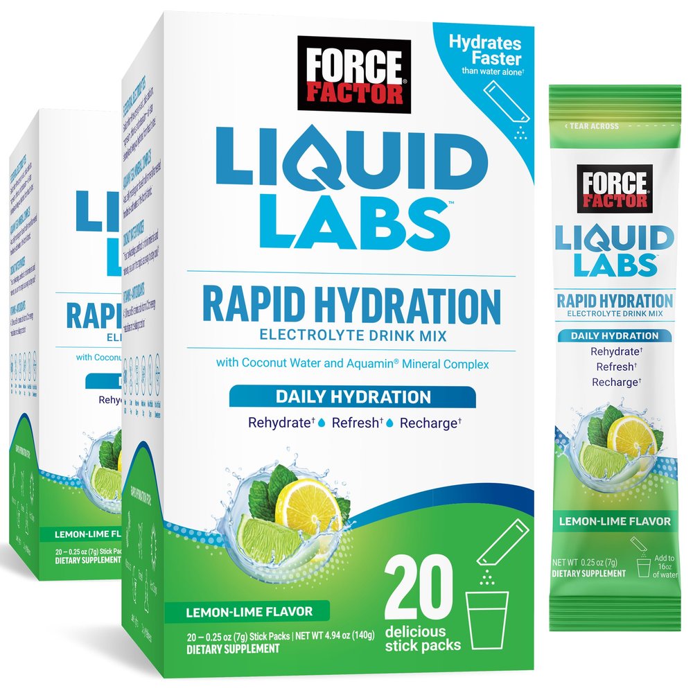 Force Factor Liquid Labs Electrolytes Powder PacketsLemon LimeHydration Packets to Make Electrolyte Water with 5 Essential Electrolytes, Vitamins, Minerals, and Antioxidants, 40 Stick Packs, 2-Pack