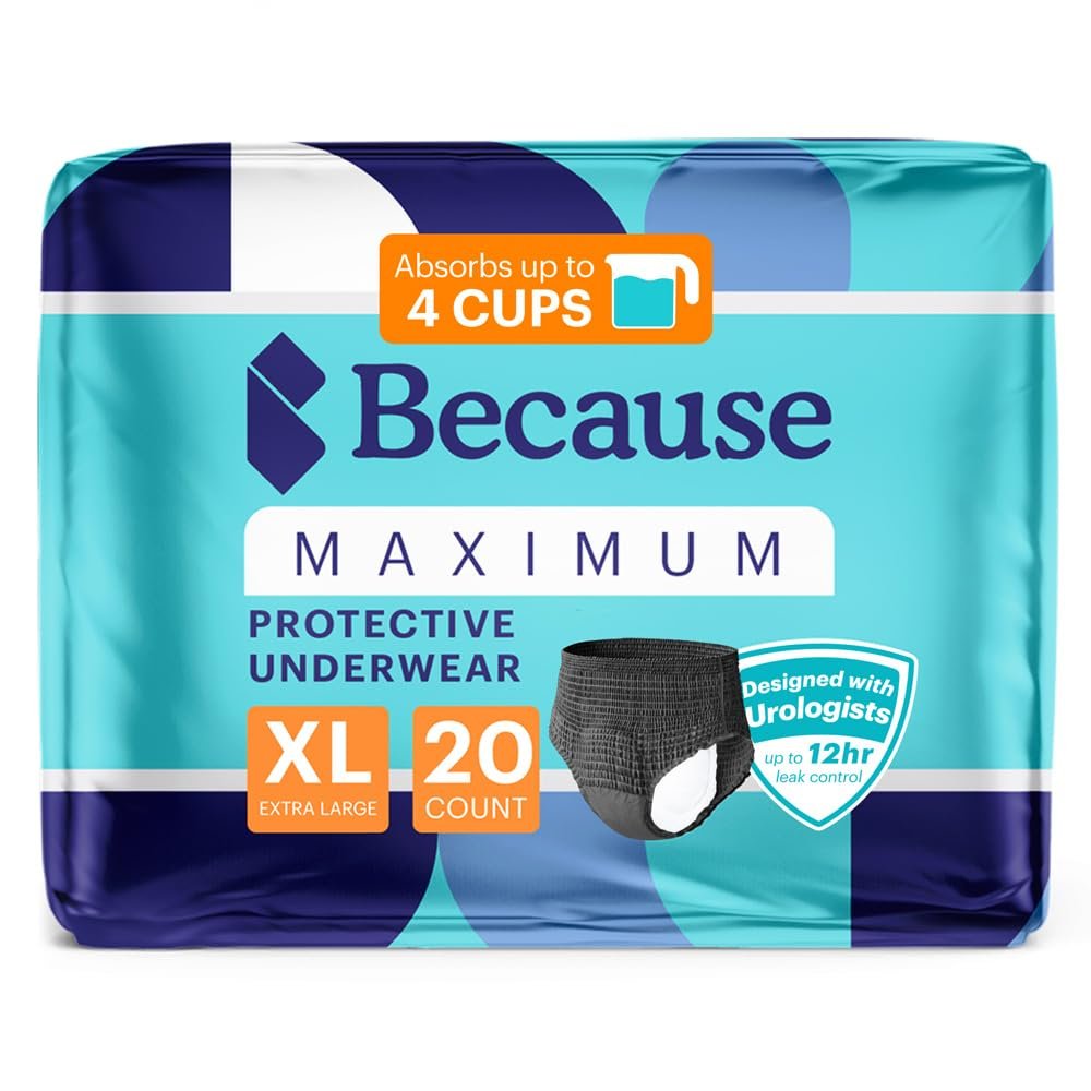 Because Premium Maximum Absorbency Adult Incontinence and Postpartum Bladder Leak Underwear for Women, Heavy Absorbency, Disposable, Black, XLarge, 20 Count